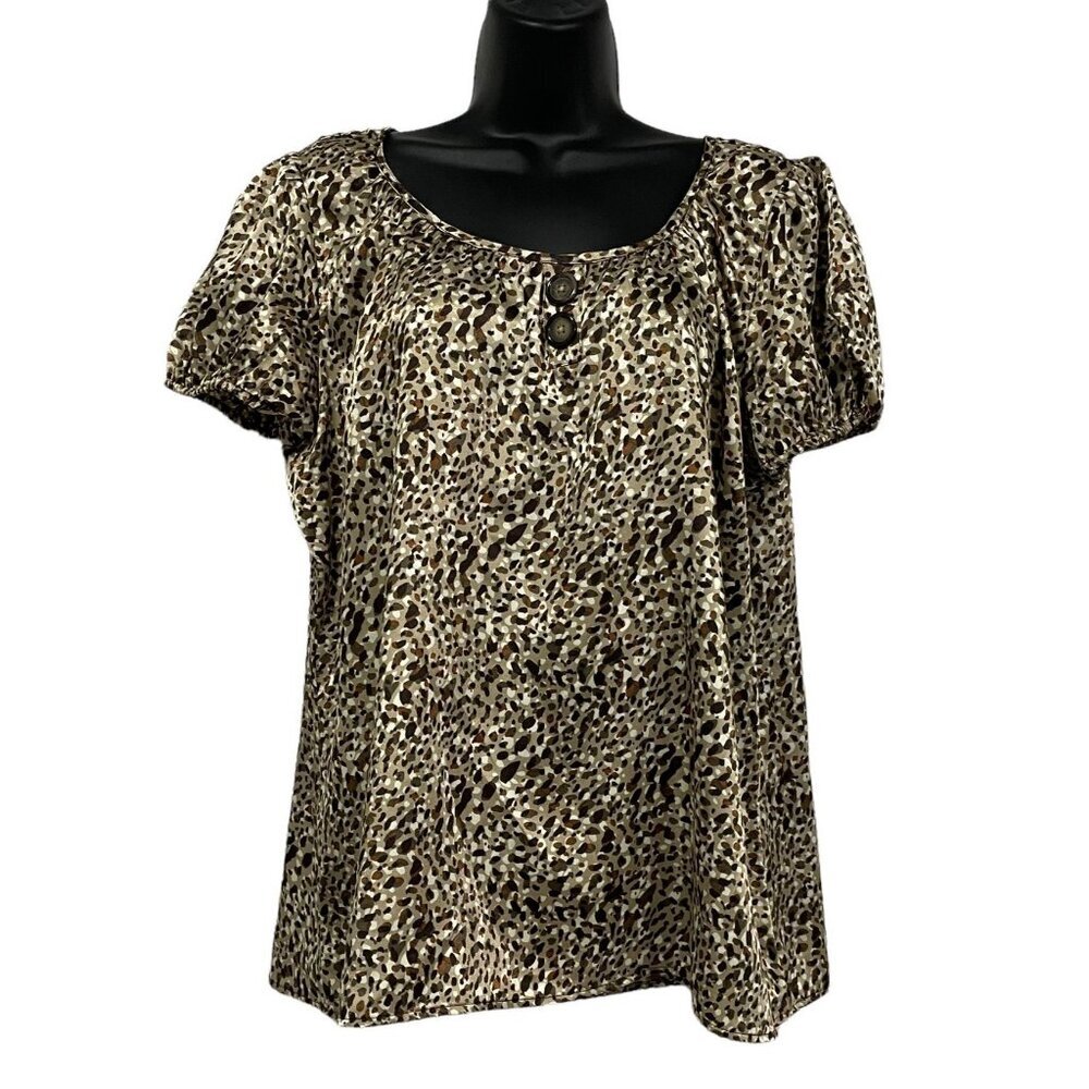 CATO Tunic Blouse Top Leopard Animal Print Brown Button‎ Accent Size Large